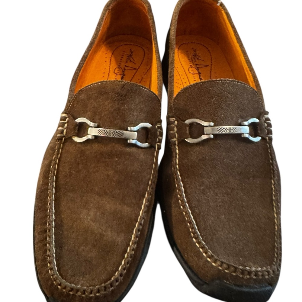 Martin Dingman Brown Suede Loafers with Metal Accent